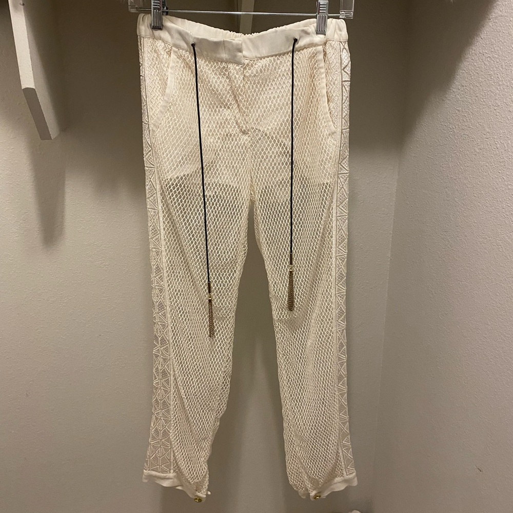 Zhuhair Murad Stylish Cream sheer Mesh Pants with shorts gold tassels